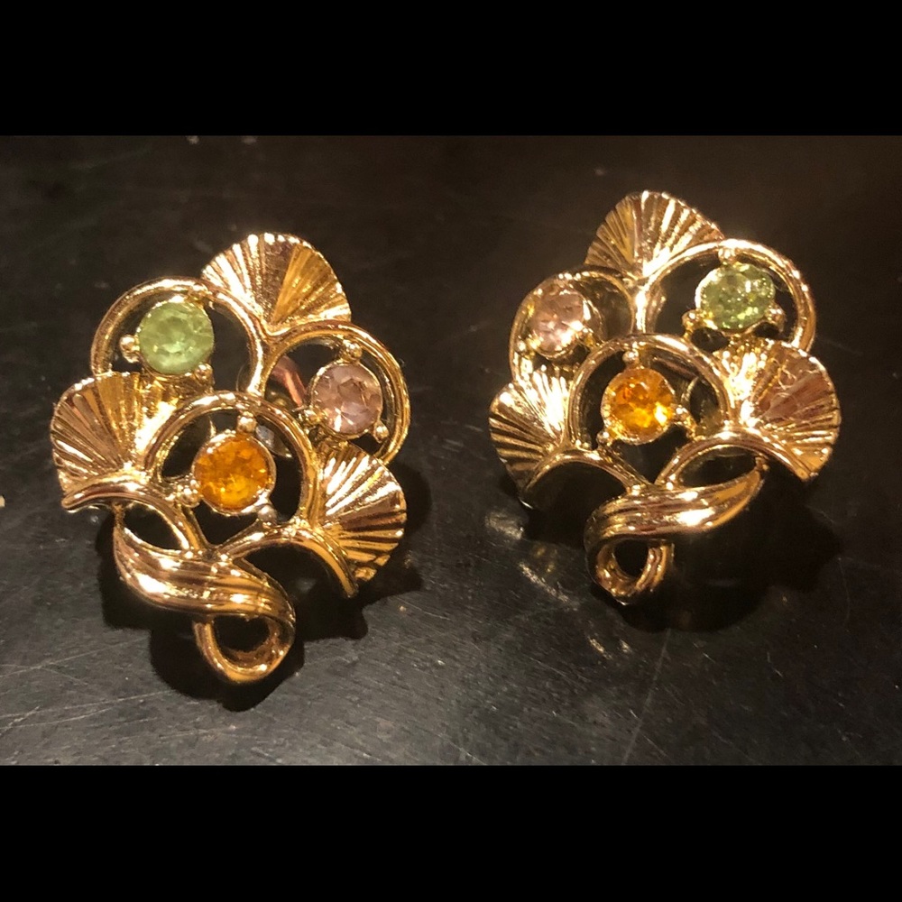 Vintage signed CORO 3 Color Rhinestone GoldTone Clip On Earrings